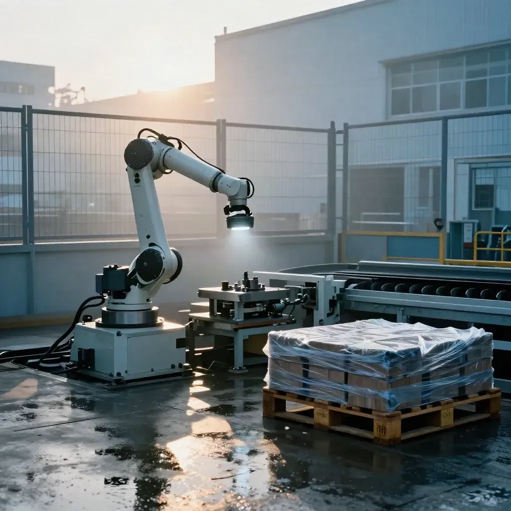 Robot cell at dawn with wet concrete, six-axis arm, safety fencing and boxed parts