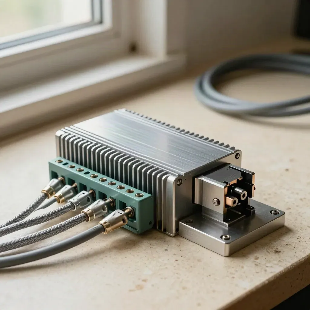 Macro of servo drive, terminal strip, harnesses and gripper plate on a pale workbench.