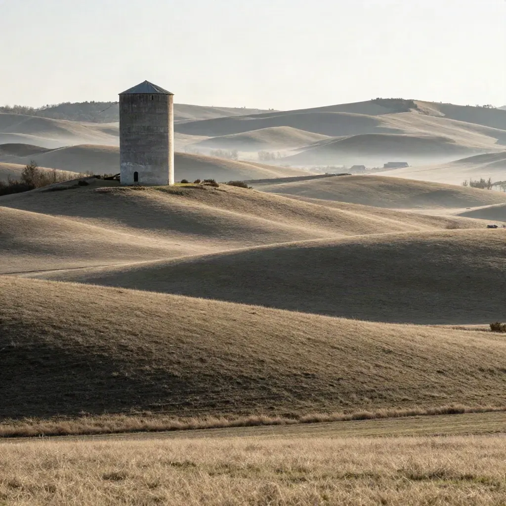 Rolling dairy hills, a weathered silo, and misty pasture under late sun.